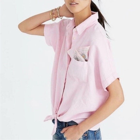 Madewell Pink Short Sleeve Button-Up Top Tie Front Linen Blend - Picture 1 of 8